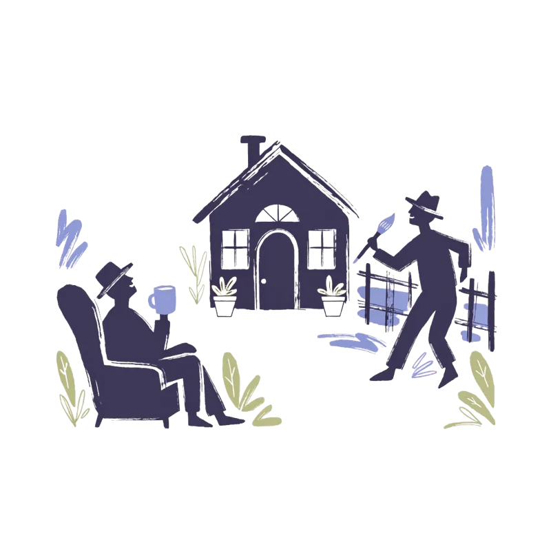 Silhouette illustration of a person relaxing with coffee while a caretaker paints the fence
