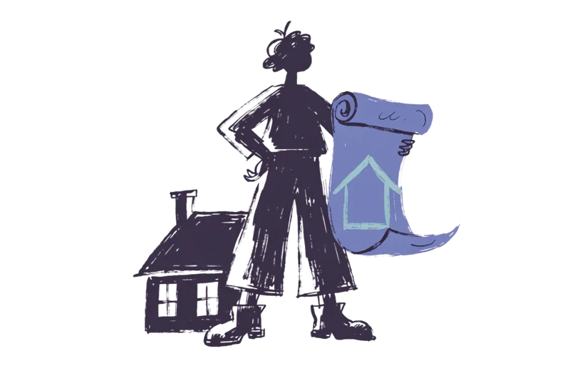 Silhouette illustration of a person holding a blueprint next to a house