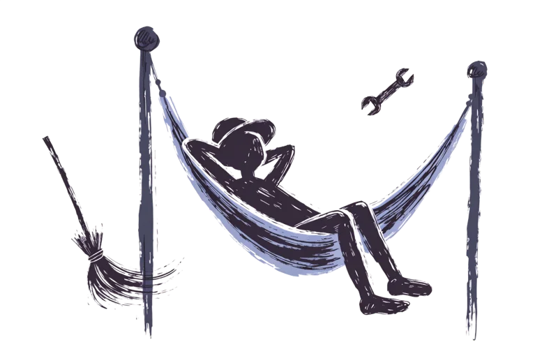 Silhouette illustration of a person relaxing in a hammock while tools work on their own