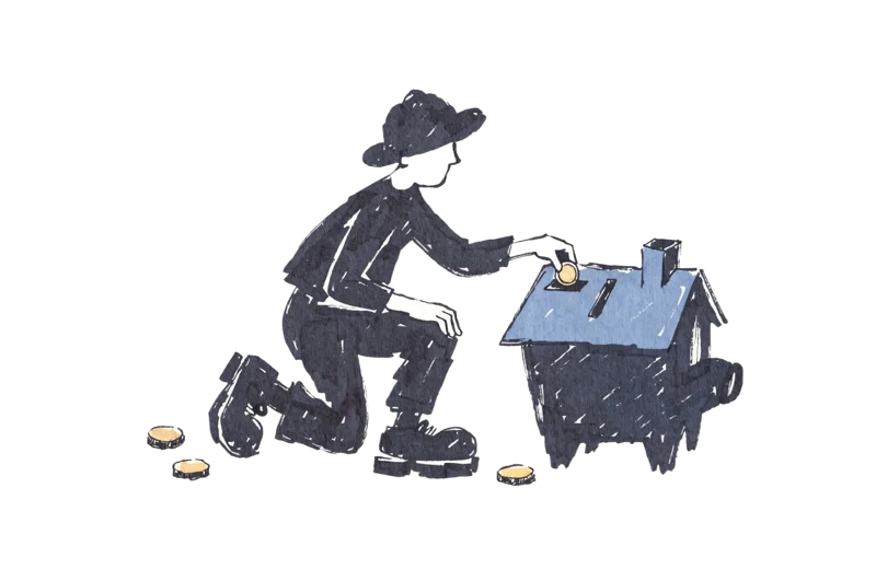 Silhouette illustration of a person putting a coin into a house-shaped piggy bank