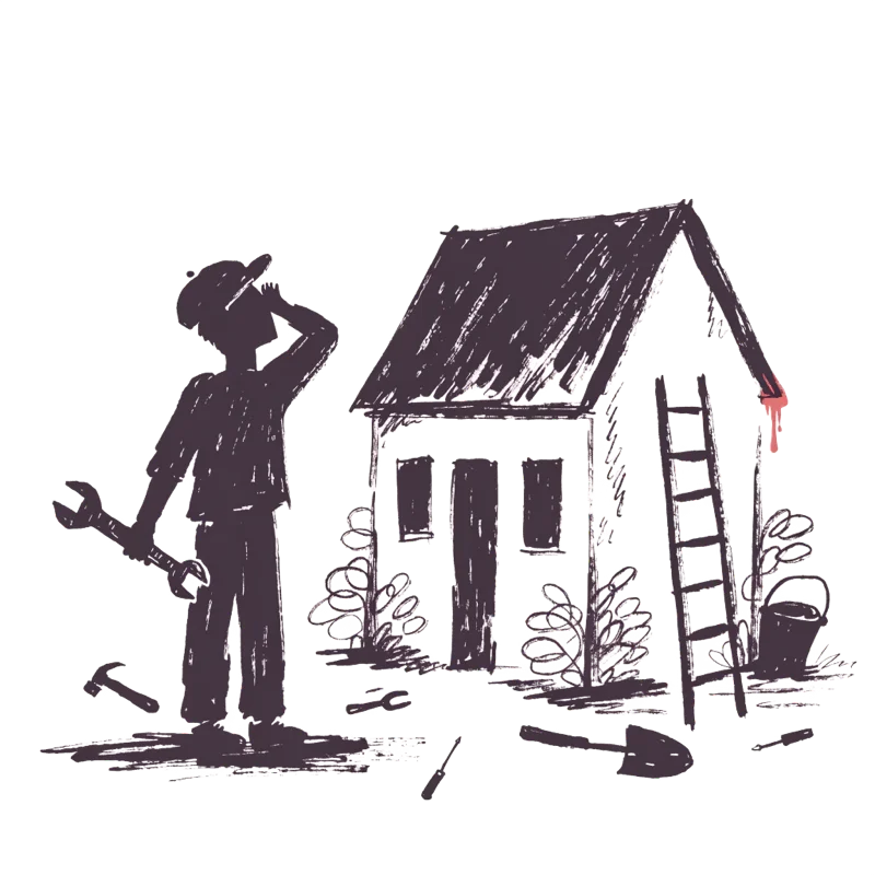 Silhouette illustration of an overwhelmed person with tools next to a house with a leaky roof