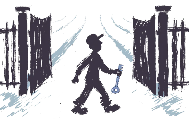 Silhouette illustration of a person walking through an open gate holding a key