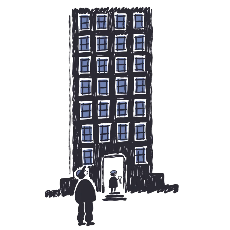 Silhouette illustration of a small person standing in front of a tall apartment building