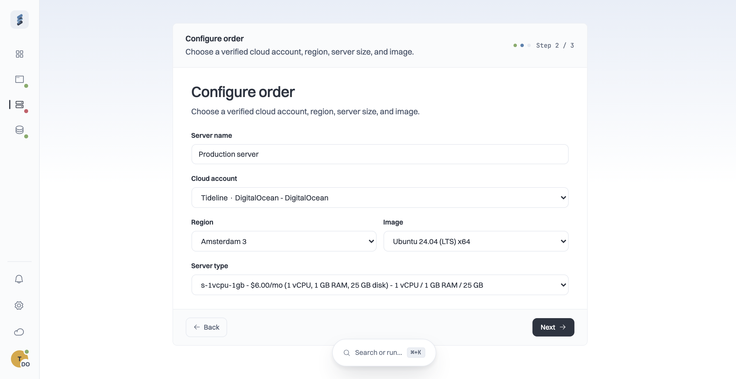 The strackt Add server wizard — configuring a new server: cloud account, region, size, and OS image