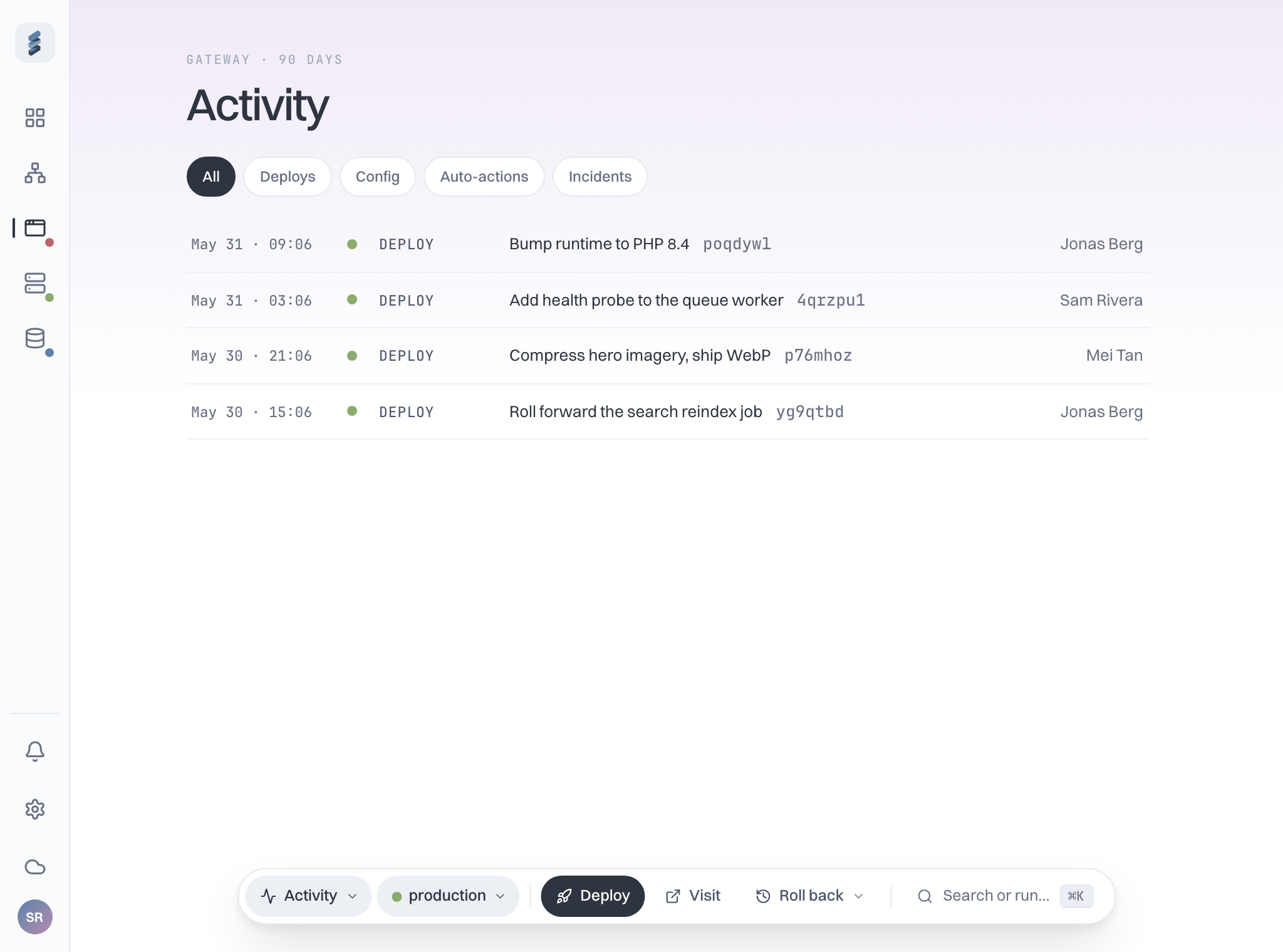 Deployment activity with one-click rollback on every change