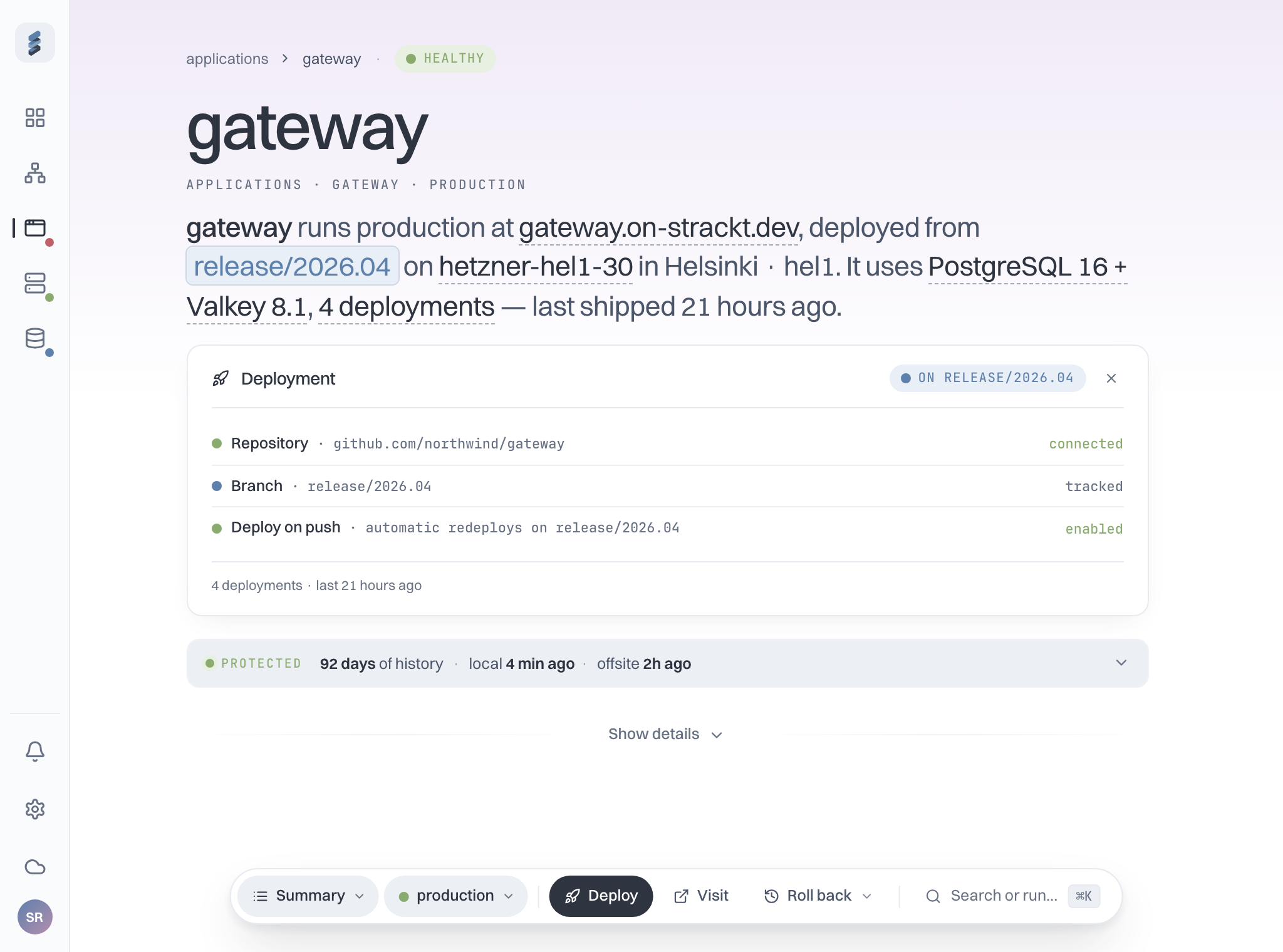 An application's auto-detected stack — framework, PostgreSQL and Valkey — connected straight from Git